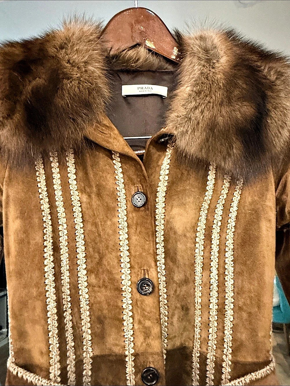 Prada Brown Leather Fur-Collar Coat Size 38 Like New 🧥🤎 vintage Y2K - Picture 6 of 16